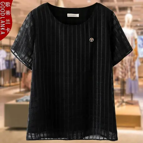 中年妈妈夏装短袖T恤加肥加大码宽松洋气时尚减龄格子雪纺衫上衣商品大图