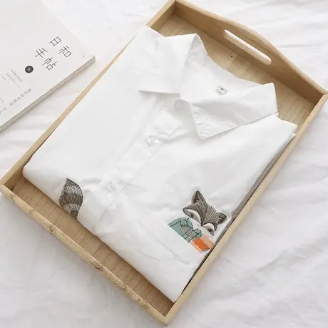 春秋新款文艺小清新刺绣白色衬衫女职业打底衬衣百搭纯棉休闲学生商品大图