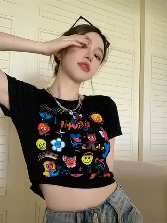 辣妹黑色短袖T恤女夏装2024年新款复古修身显瘦短款印花上衣ins潮商品大图