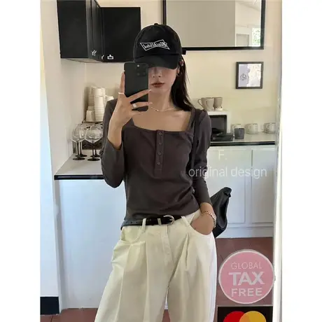 十三行秋季新品长袖纯色方领露锁骨上衣女设计感修身百搭打底衫潮商品大图