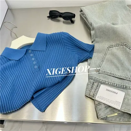 复古Polo翻领套头针织衫女短款显瘦竖坑条纹理修身小个子短袖上衣商品大图