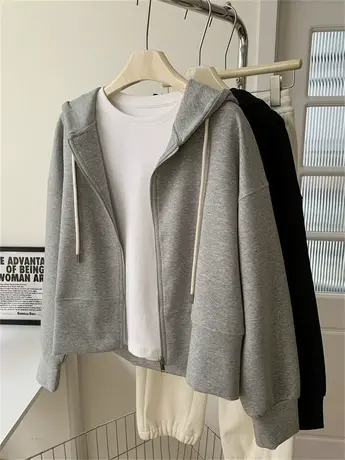 小个子慵懒风连帽抽绳短款卫衣女2023秋宽松显瘦百搭拉链开衫外套商品大图