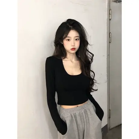 甜辣妹短款露脐U领T恤长袖女春秋韩版洋气减龄修身显瘦上衣打底衫商品大图