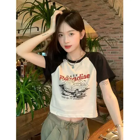 欧货短袖插肩T恤女夏季2024年新款宽松显瘦拼接撞色短款半袖上衣商品大图