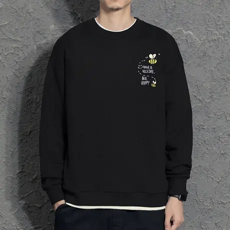 蜜蜂刺绣港风潮牌假两件加绒卫衣男秋冬2021新款无帽套头男装上衣商品大图