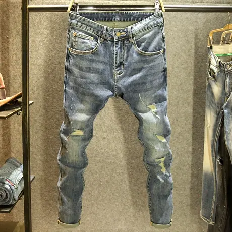 夏季新款牛仔裤男款破洞贴布乞丐休闲小脚裤潮牌韩版补丁修身长裤图片