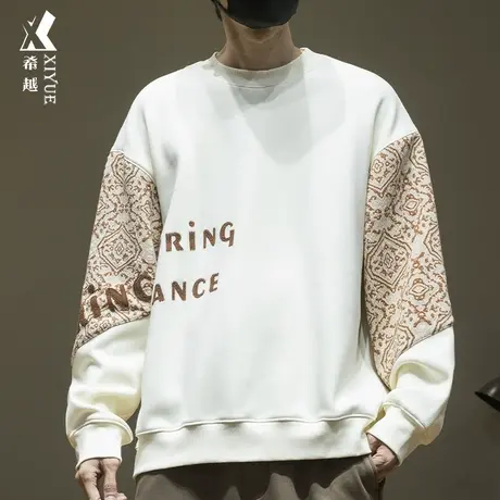 希越民族风加绒加厚卫衣男冬季美式宽松保暖大码男士圆领打底外套商品大图