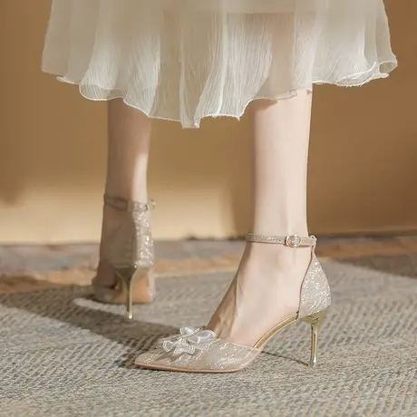 一字扣带法式高跟鞋女2024年新款春夏季百搭中空包头水钻细跟凉鞋图片