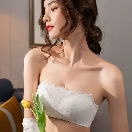 无钢圈无肩带加厚夏季款隐形露肩小平胸聚拢文胸蕾丝少女抹胸内衣商品大图