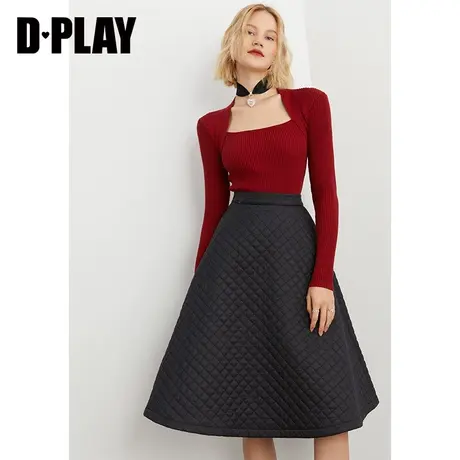 DPLAY秋装新复古黑色菱形格压棉少女大摆裙高腰挺阔半身裙图片