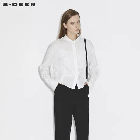 sdeer圣迪奥女装春秋装简约翻领黑白条纹收腰通勤衬衫S21360532图片