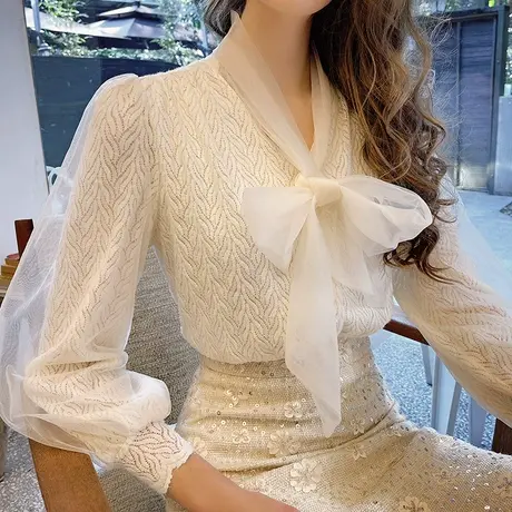 粉红大布娃娃新款气质网纱蝴蝶结蕾丝打底衬衫长袖女设计感春冬图片