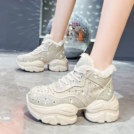 运动鞋女2024新款超火厚底潮流保暖休闲鞋松糕水钻毛毛鞋增高棉鞋商品大图