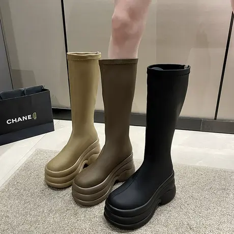 长筒靴女骑士靴显瘦靴子女新款秋冬季小个子厚底增高筒靴复古长靴商品大图