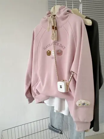 泰迪狗毛巾绣简约洋气秋冬宽松大码连帽加绒加厚女款韩系帽衫卫衣商品大图