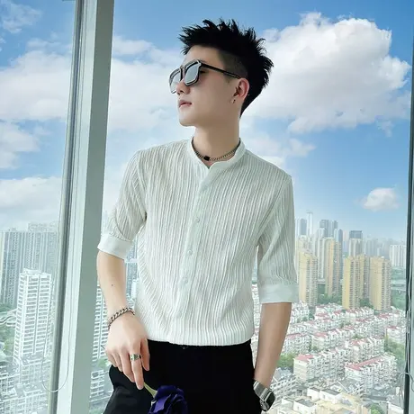 夏季男立领条纹衬衫衬衣中袖修身半袖短袖潮流个性帅气发型师百搭商品大图