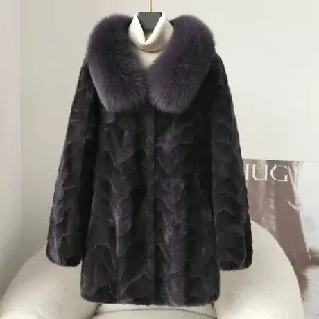 貂皮大衣女中老年妈妈中长款狐狸毛领水貂毛拼貂皮草外套开衫女装图片