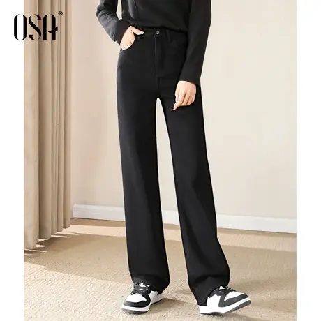 OSA欧莎高腰阔腿加绒牛仔裤女2023年秋冬季新款宽松显瘦修身裤子商品大图