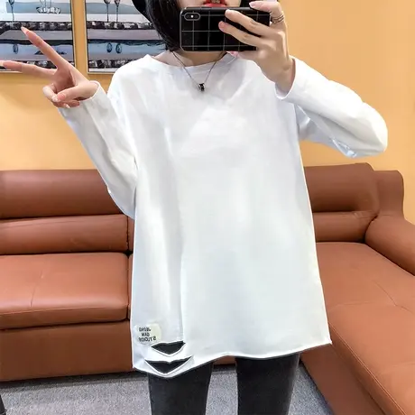 白色长袖T恤女2023秋装款韩版宽松打底衫下摆破洞设计感叠穿内搭商品大图