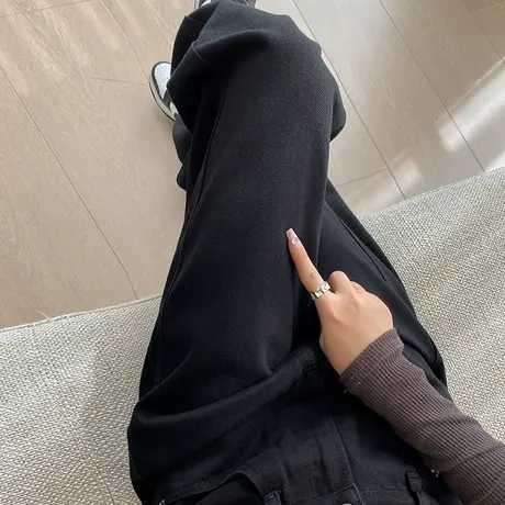 黑色加绒牛仔裤女2024秋冬新款高腰宽松显瘦窄版直筒阔腿拖地裤子商品大图