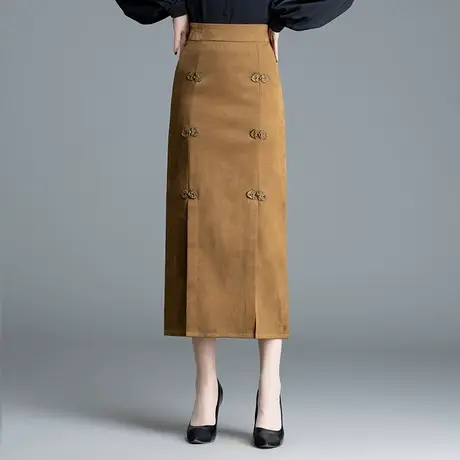 复古盘扣包臀裙女2024春季新款民族风半身裙中长款显瘦开叉一步裙图片