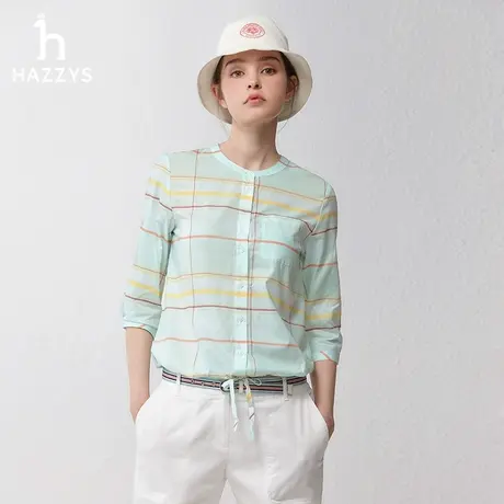 【格纹七分袖】Hazzys哈吉斯春季薄款衬衣下摆抽绳衬衫休闲上衣女商品大图