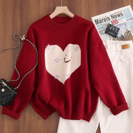 23187新款韩版宽松圆领针织衫套头长袖爱心拼色打底衫毛衣女士商品大图