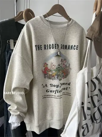 春季新款韩系小熊插画减龄印花慵懒宽松休闲洋气百搭圆领卫衣女图片