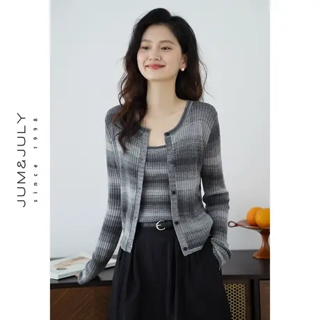 嘉茱莉新款段染条纹针织开衫外套女针织吊带两件套圆领针织上衣图片