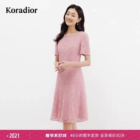 珂莱蒂尔女装2024夏季新款通勤百搭订钻设计感蕾丝短袖修身连衣裙图片