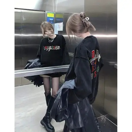 美式复古设计感卫衣女秋冬加绒加厚ins潮牌宽松大码港味chic上衣商品大图