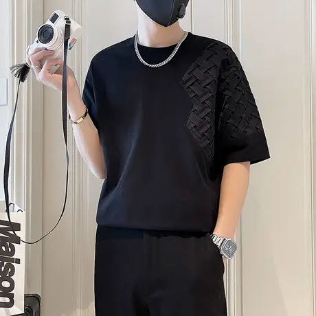 夏季短袖T恤男ins设计感拼接半袖上衣2024新款潮牌宽松五分袖体恤商品大图