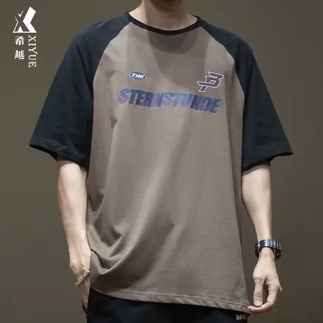 希越美式潮牌纯棉短袖T恤男2024春夏新款宽松大码男士插肩袖上衣商品大图