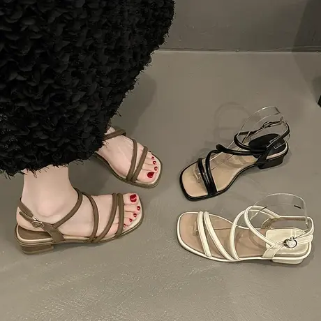 露趾凉鞋女2024年春夏季新款清凉透气罗马鞋一字带粗跟防滑高跟鞋商品大图