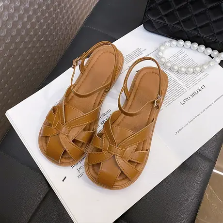 森女包头编织镂空女凉鞋2024夏季新款温柔复古文艺罗马平底娃娃鞋图片