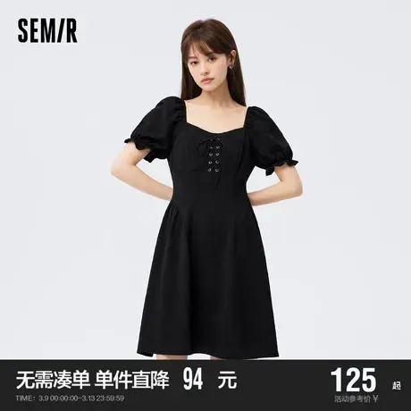 森马连衣裙女浮雕肌理泡泡袖浪漫夏2023新款气质绑带方领短裙甜酷图片
