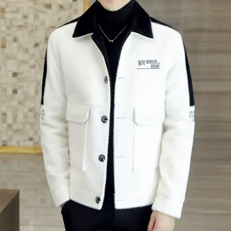 呢子外套男潮流毛领衣服冬季水貂绒加厚夹克帅气短款男装保暖大衣商品大图