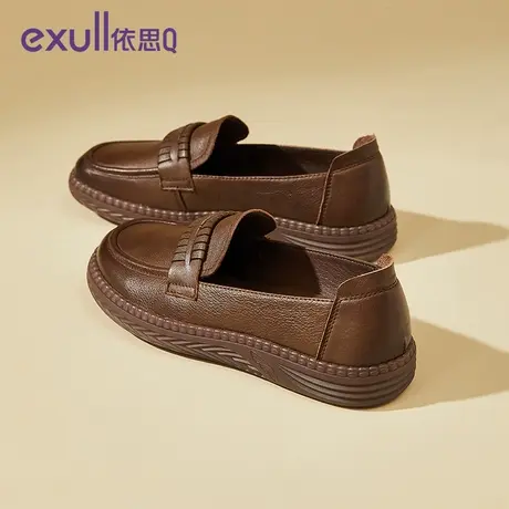 依思q乐福鞋女单鞋2024新款棕色平底软底英伦风一脚蹬妈妈鞋商品大图