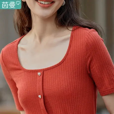 茵曼官方旗舰店t恤女2024夏季半袖法式方领美式短款小上衣正肩图片