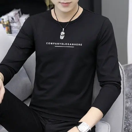 莫代尔长袖t恤男士秋季上衣服潮牌2023新款圆领修身黑色体恤男生商品大图