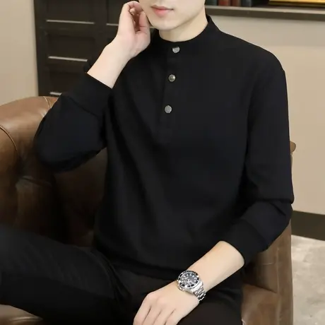 黑色长袖T恤男春秋季潮流卫衣立领Polo衫春装上衣体恤秋衣打底衫图片