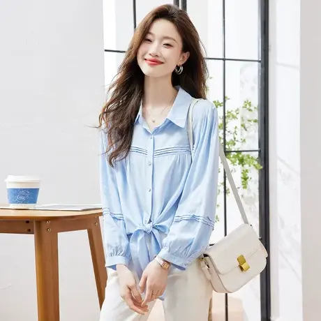 时尚气质方领长袖衬衫2023年夏季新款淑女温柔甜美显瘦通勤上衣商品大图