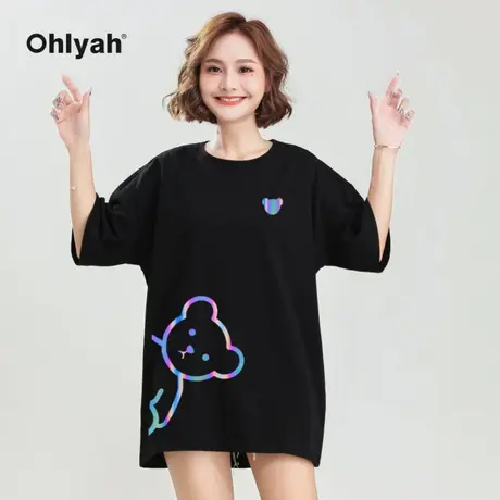 Ohlyah品牌 小熊反光情侣装短袖T恤2023年夏季新款圆领上衣服男女商品大图