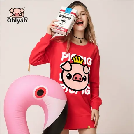 Ohlyah红色纯棉圆领宽松卫衣女装中长款韩版潮小猪pig印花连衣裙图片