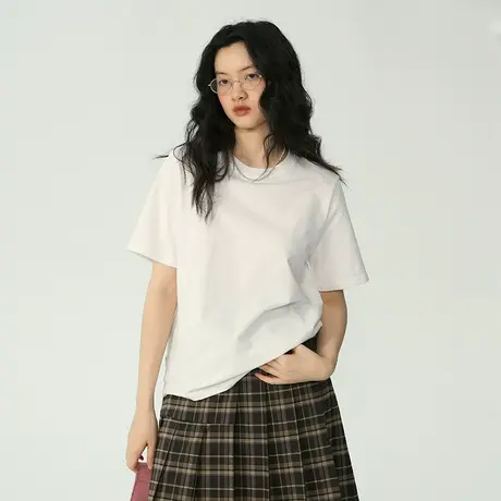 omont蛋挞家白色短袖t恤女夏季2023年新款圆领显瘦纯棉上衣打底衫商品大图