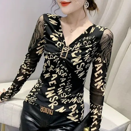 女装2023新款潮性感V领T恤女长袖春秋时尚网纱上衣洋气百搭打底衫商品大图