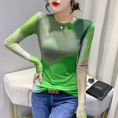 欧货加绒打底衫女春秋2023新款洋气印花圆领上衣性感网纱长袖T恤商品大图