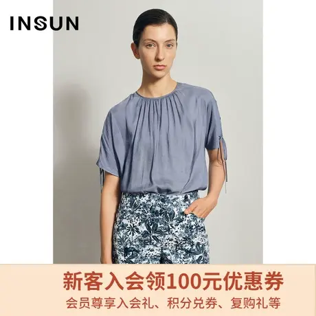 恩裳夏季纯色绑带轻薄垂感宽松别致减龄短袖雪纺衫图片