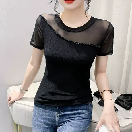 性感网纱T恤小衫女短袖夏季欧货气质钉珠修身上衣百搭圆领体恤潮商品大图