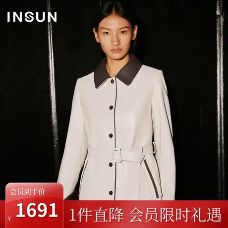 恩裳COVER2023秋装新款撞色设计绵羊皮中长款收腰单排扣皮衣外套商品大图